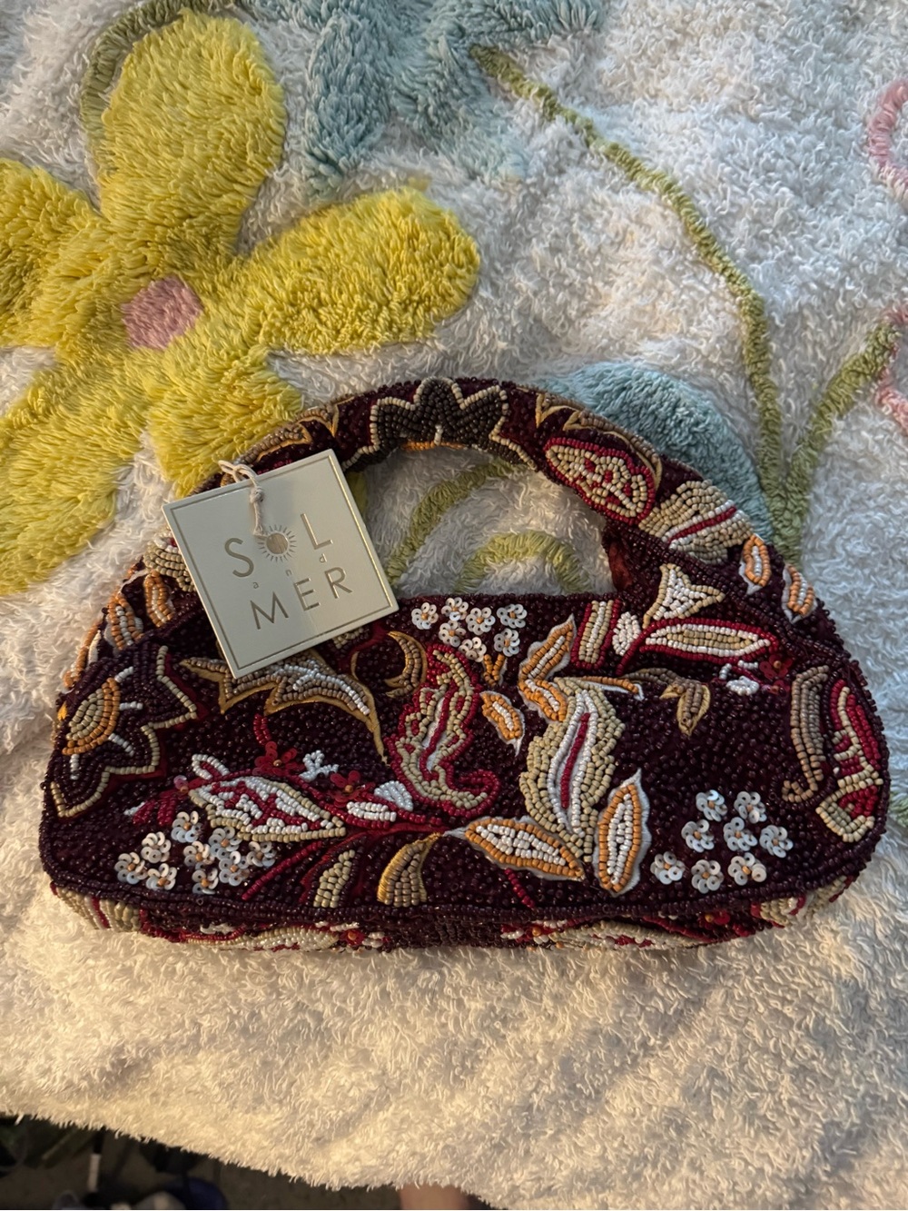 NWT Sol & Mer Fully Beaded Fall Floral Hobo Shoulder Bag Burgundy Maroon